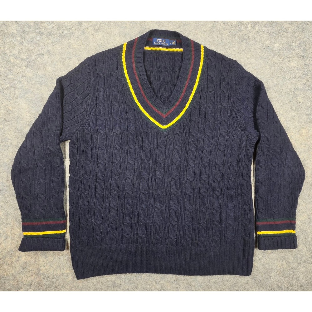Polo Ralph Lauren Cricket Sweater Mens Large Navy Blue Cashmere Blend Cable Knit